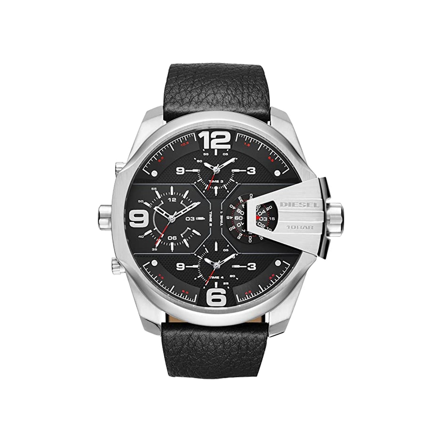 Diesel DZ7376 Uber Chief Oversized 4-Time Men's Watch – Black Dial & Black Leather Strap