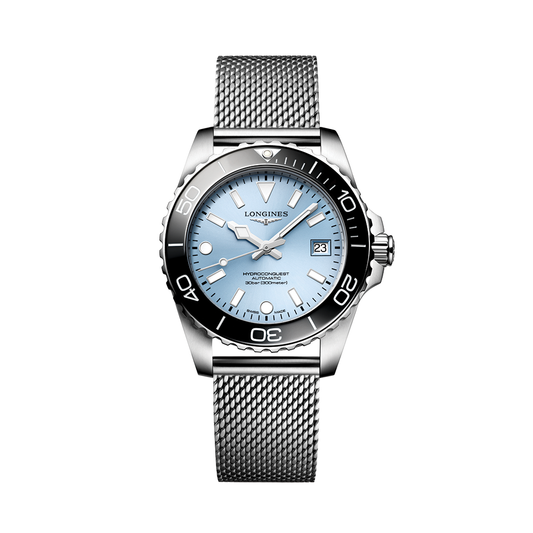 longines HydroConquest 39mm - Blue, Black Bezel on Mesh Bracelet