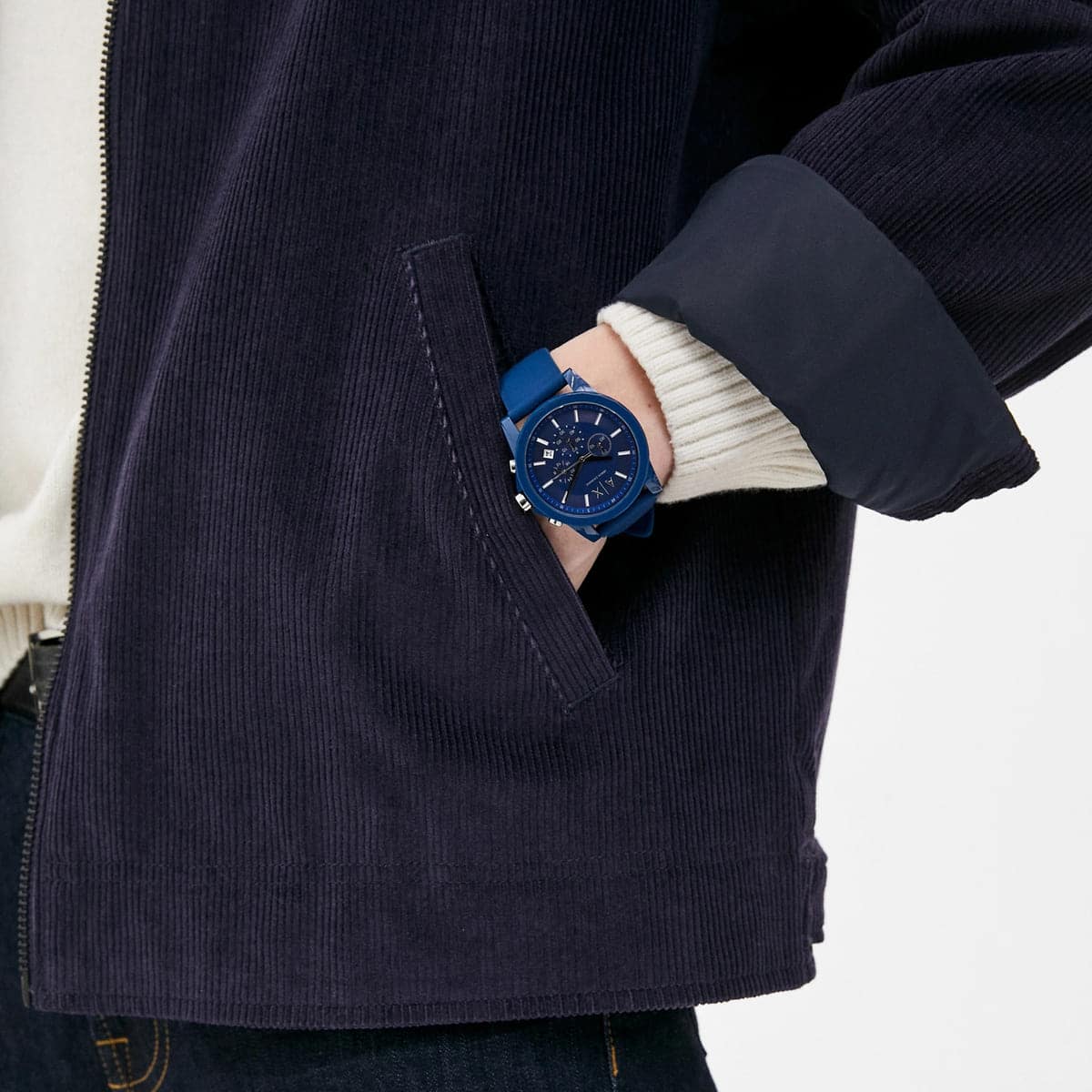 Men's Armani Exchange Outerbanks Chronograph Watch AX1327 – Blue Dial with Blue Silicone Strap
