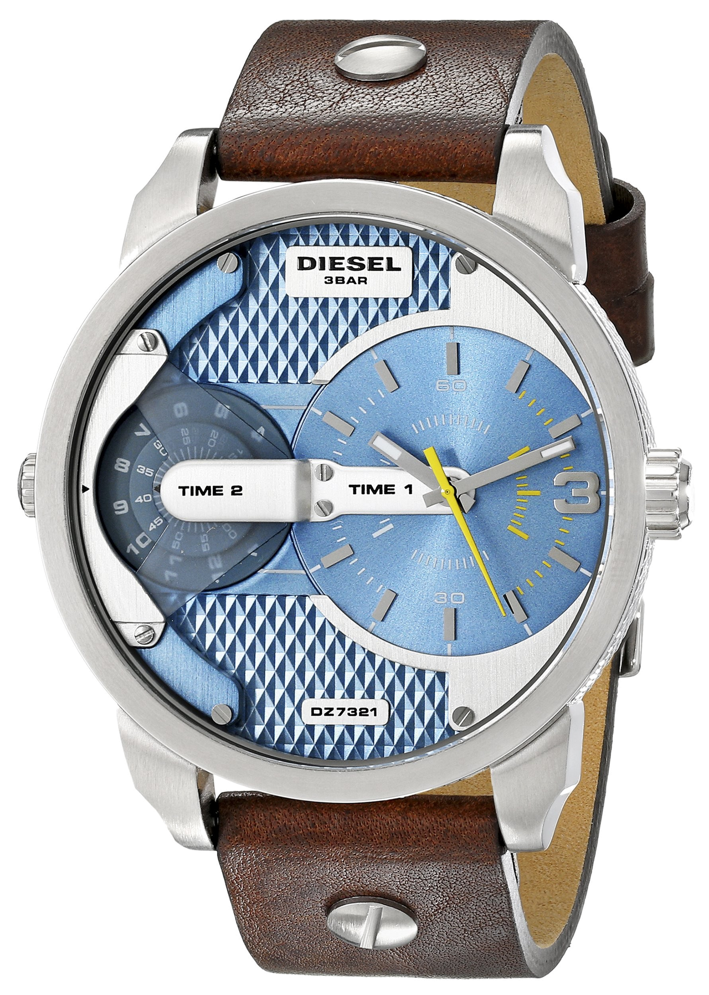 Diesel DZ7321 Mini Daddy Chronograph Men's Watch – Light Blue Dial & Brown Leather Strap